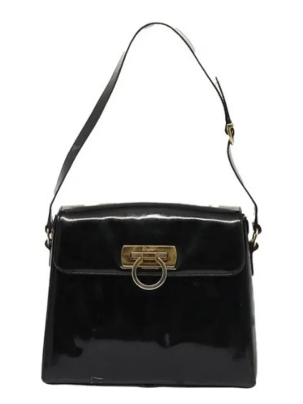 Salvatore Ferragamo Gancini Shoulder Bag Enamel Black Gold Auth 87741